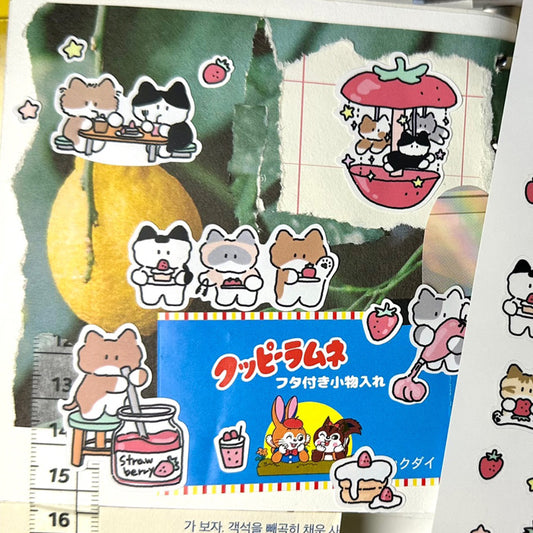 DingDong Cat Stickers - Shy Cat with Strawberries